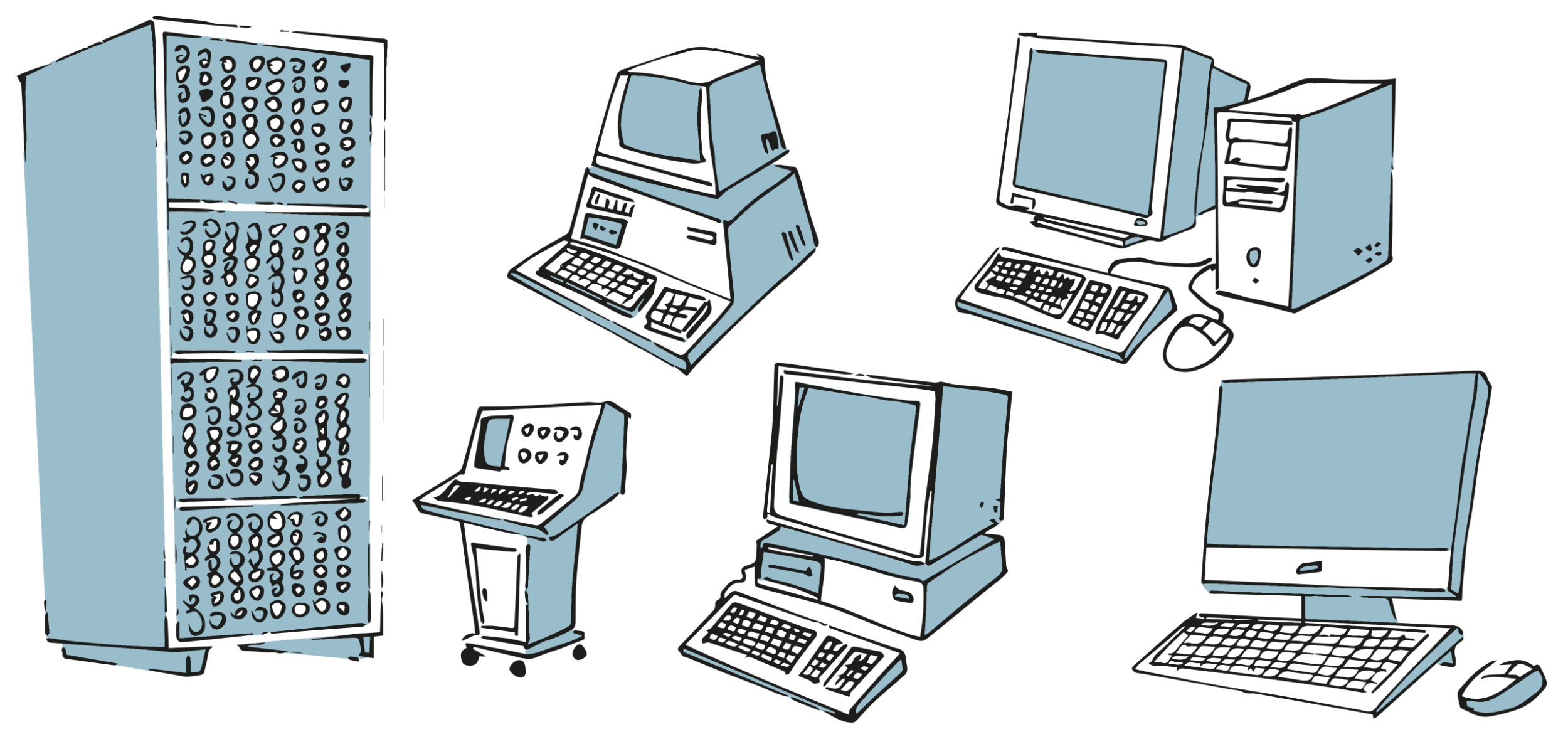 Der Computer im Wandel der Zeit (Illustration basierend auf einer Grafik von [Freepik.com](https://www.freepik.com/free-vector/computers-evolution-cartoon-vector-concept-vintage-old-computing-stations-retro-system-units-monitors-modern-desktop-pc-with-keyboard-mouse-illustrations-set-isolated-white-background_4393734.htm#query=computer%20evolution&position=1&from_view=search&track=robertav1_2_sidr)).